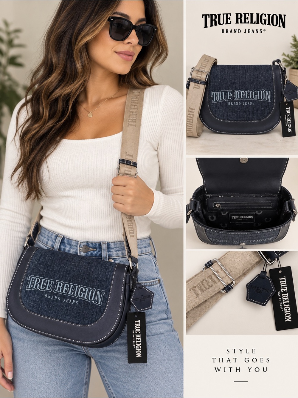 Women’s True Religion Denim Crossbody Bag with Beige Strap